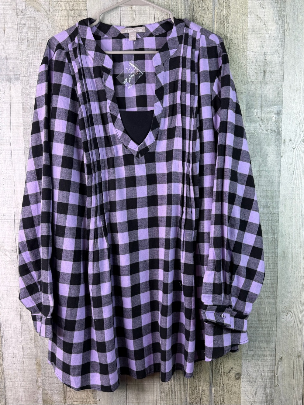 Woman Within Size 30/32 3X Plaid Purple & Black Long Sleeve Shirt w/5” Side Slit